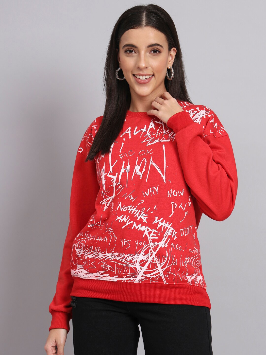 

Obaan Typography Printed Cotton Pullover Sweatshirt, Red