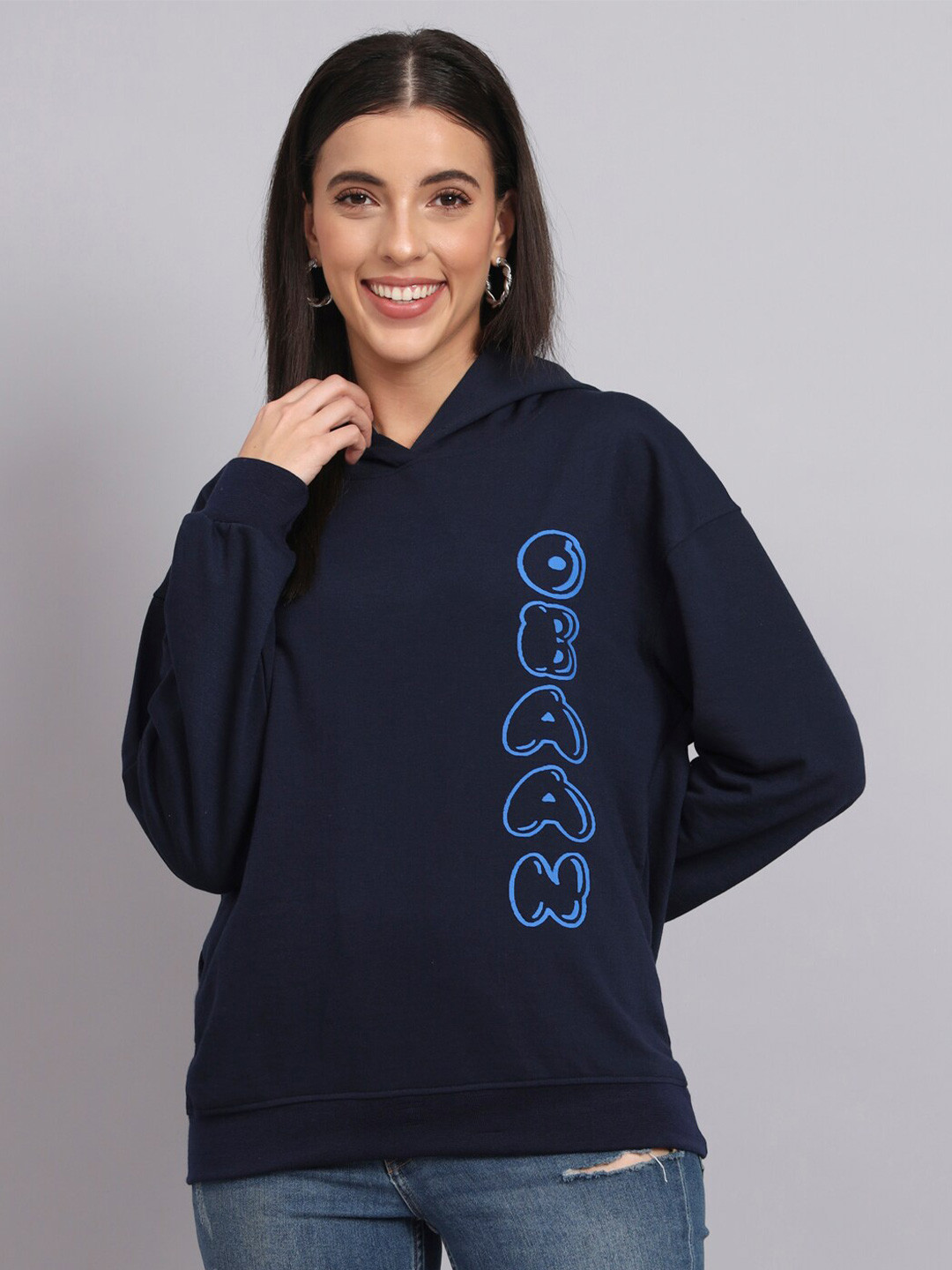 

Obaan Typography Printed Hooded Cotton Pullover Sweatshirt, Navy blue