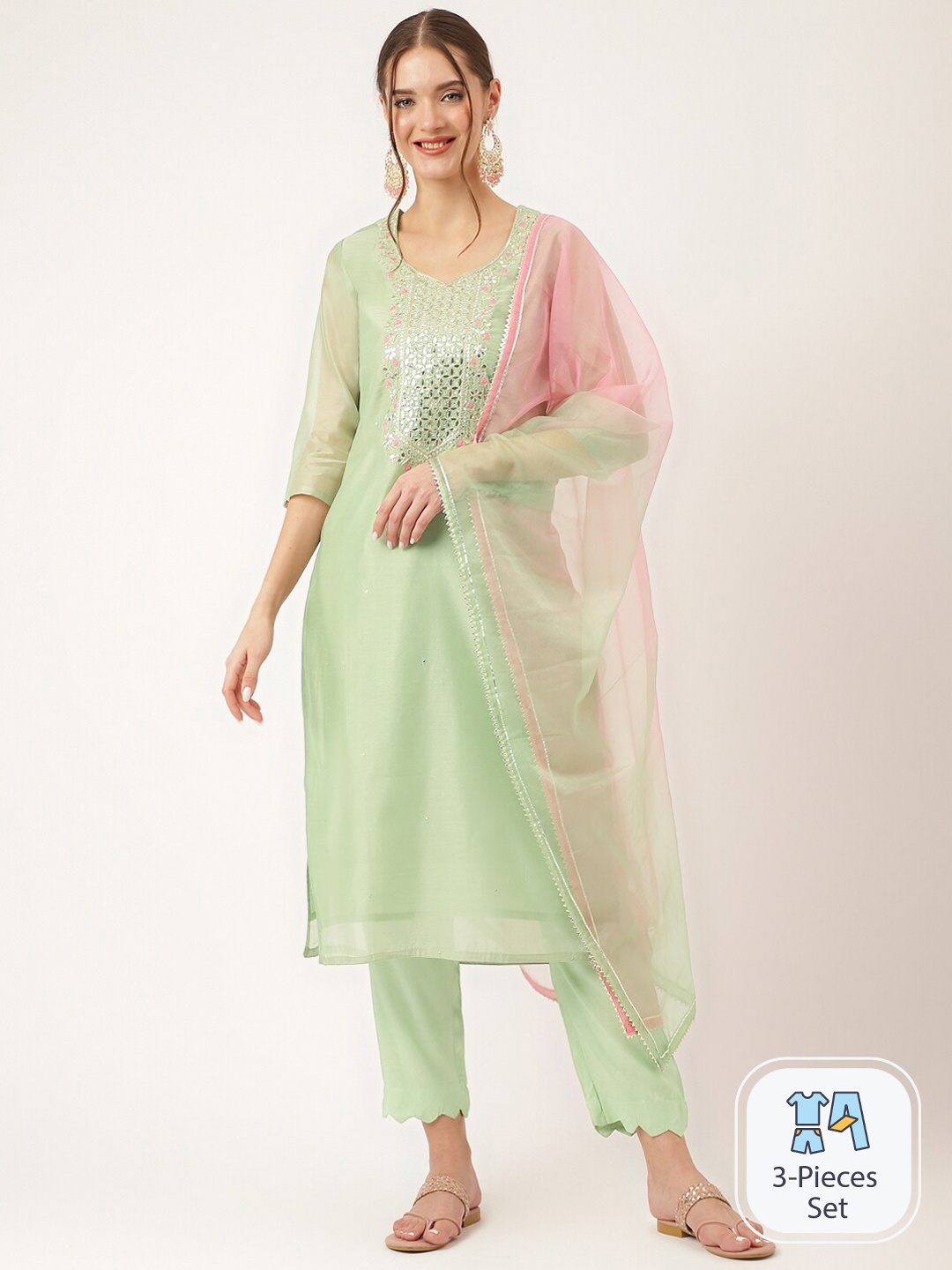 

Divena Floral Yoke Design Regular Thread Work Chanderi Silk Kurta with Trousers & Dupatta, Green