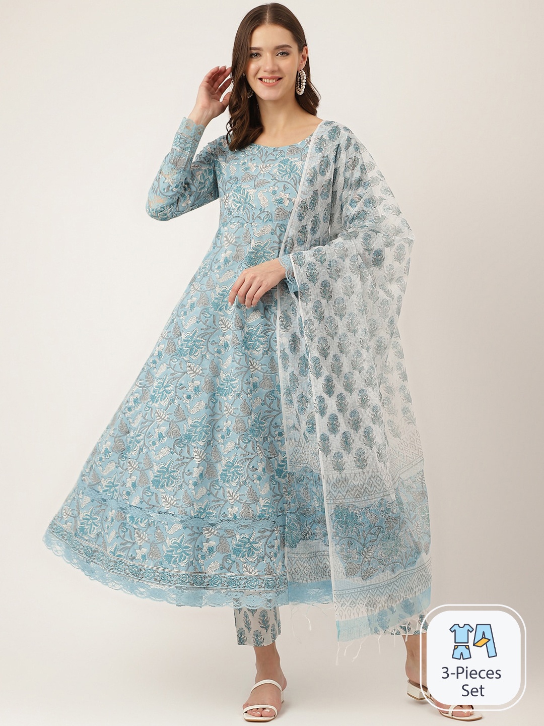 

Divena Floral Printed Pure Cotton Kurta & Trousers With Dupatta, Blue