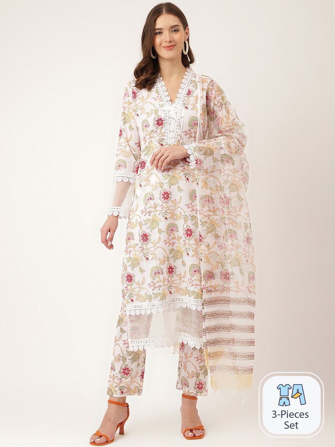 

Divena Floral Printed Straight Pure Cotton Kurta & Trousers With Dupatta, White