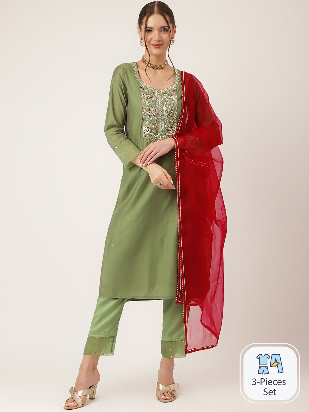 

Divena Floral Yoke Design Beads and Stones Chanderi Silk Kurta & Trousers With Dupatta, Green