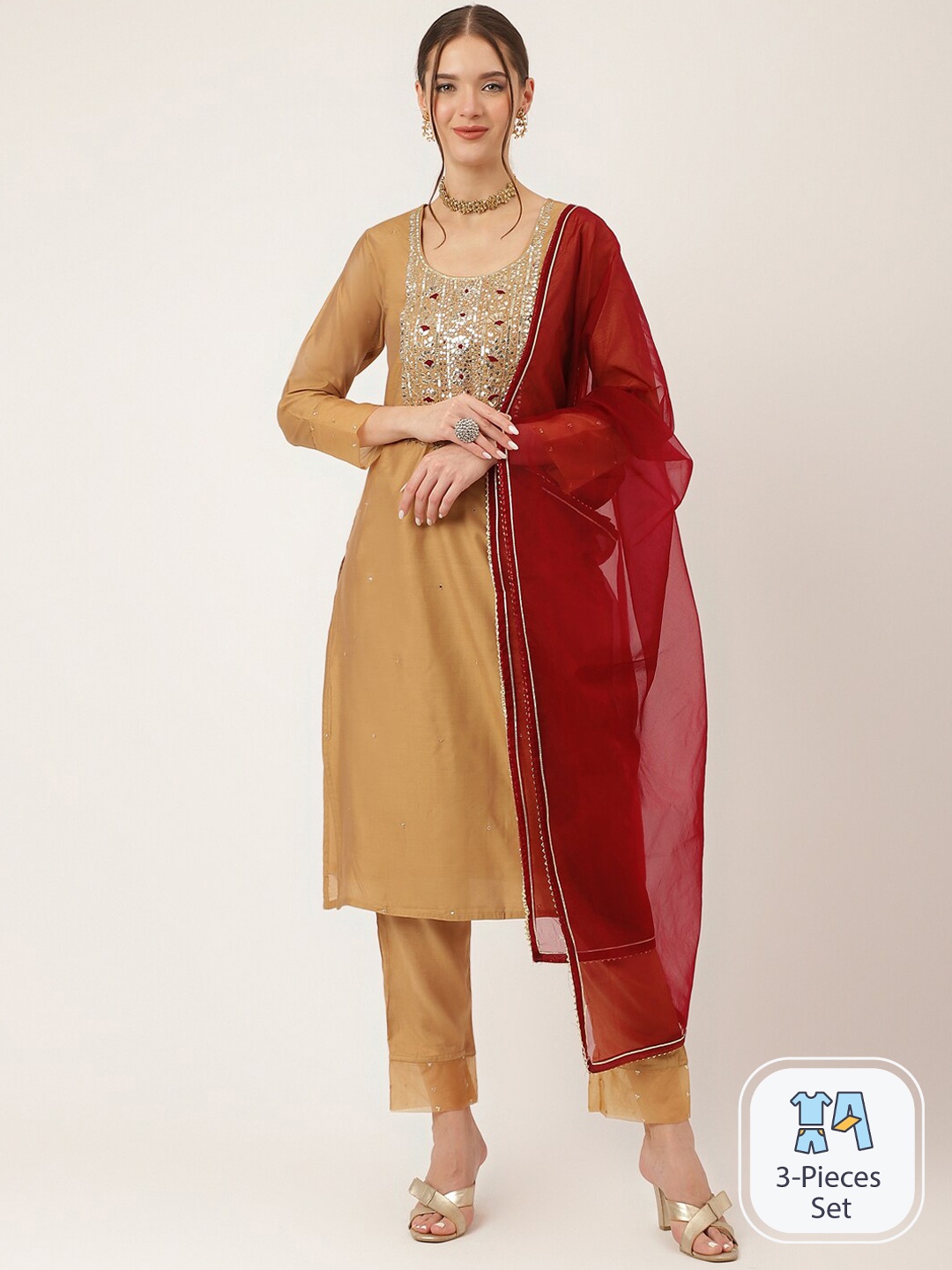 

Divena Floral Embroidered Regular Mirror Work Chanderi Silk Kurta & Trousers With Dupatta, Brown