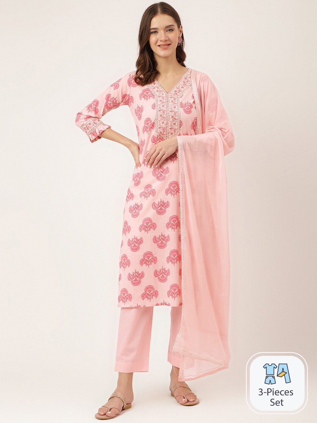 

Divena Floral Printed Regular Gotta Patti Kurta with Trousers & With Dupatta, Pink