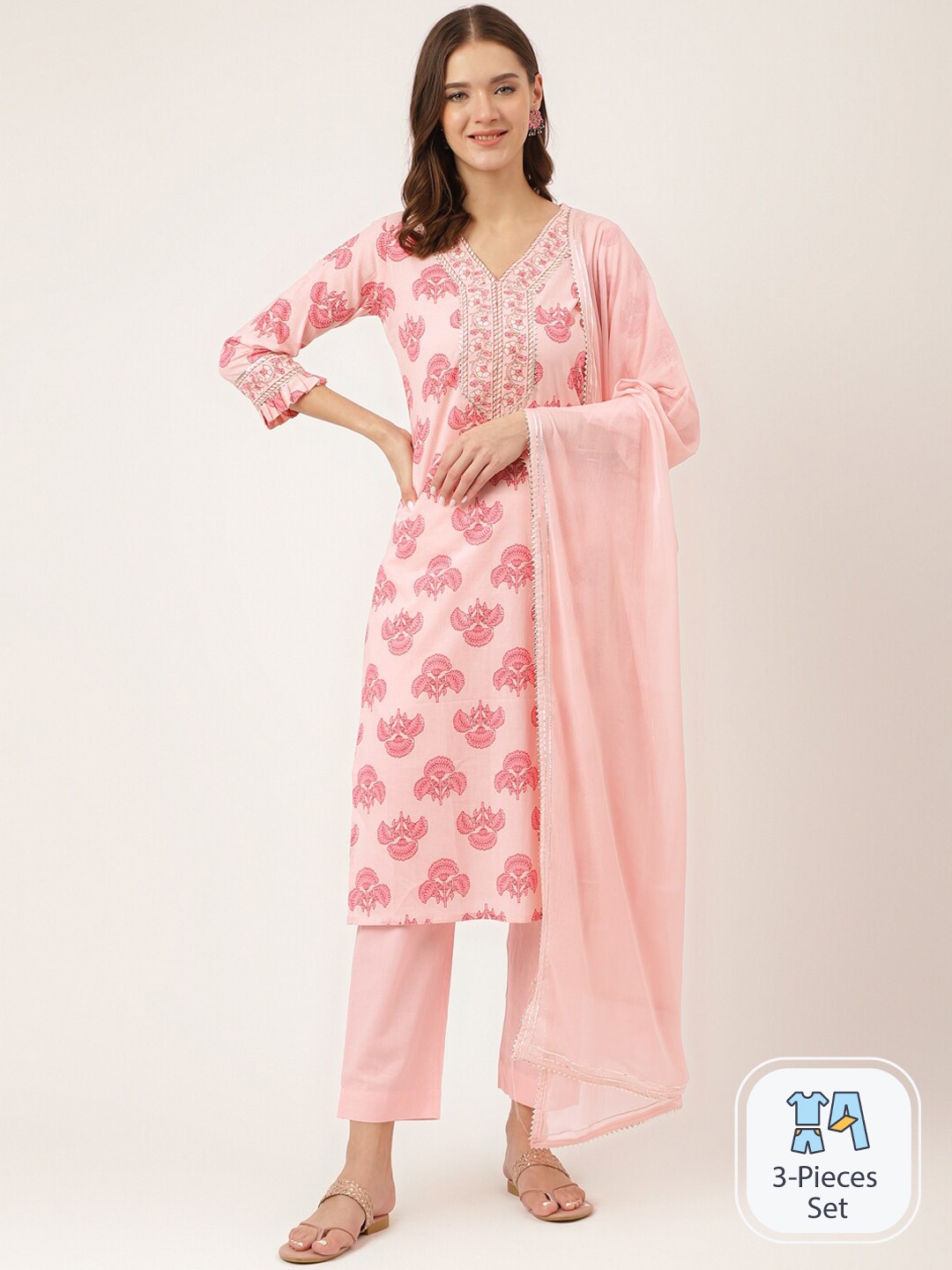 

Divena Floral Printed Pure Cotton Kurta & Trousers With Dupatta, Pink