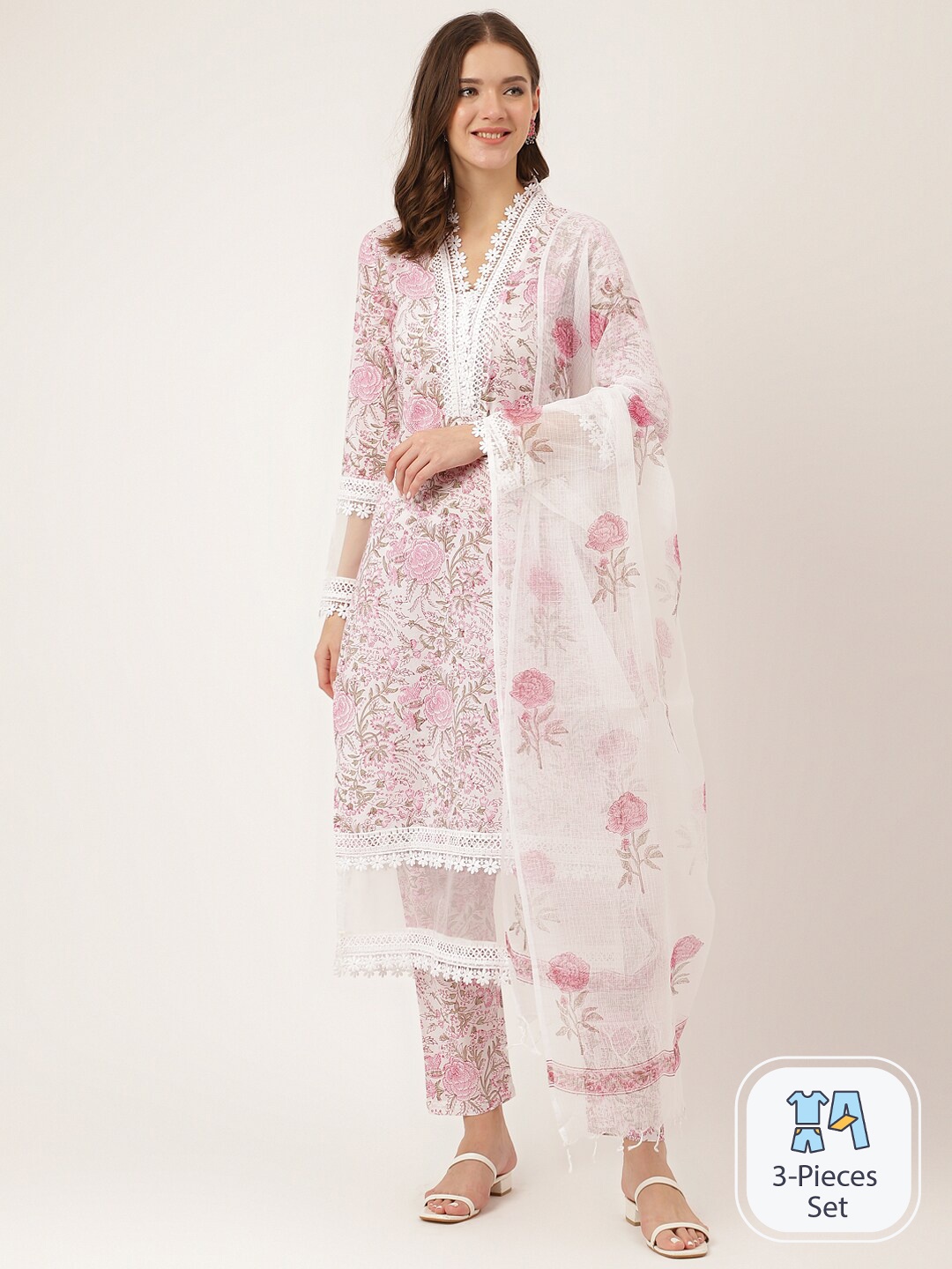 

Divena Floral Printed V-Neck Straight Kurta & Trousers With Dupatta, White