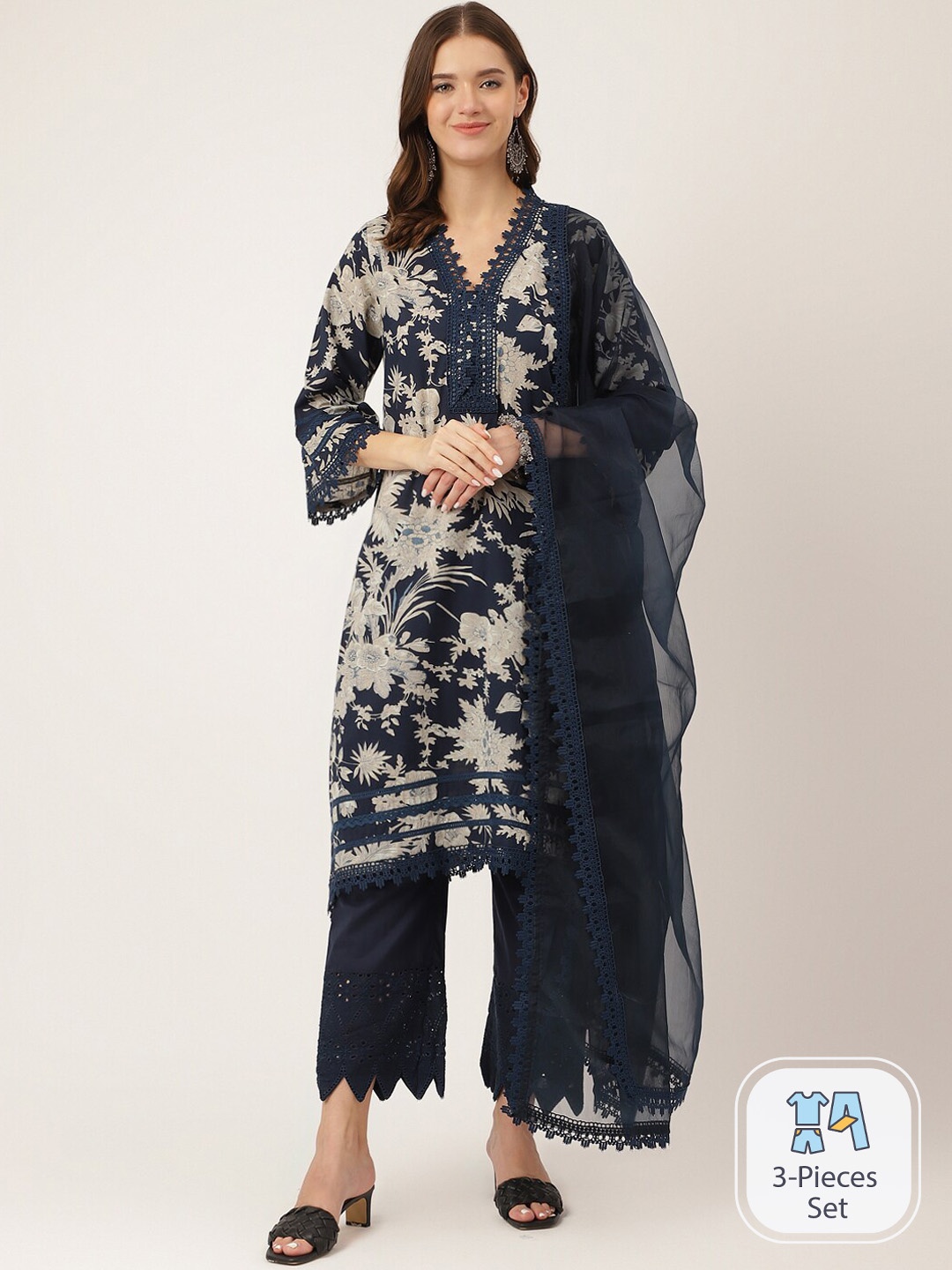 

Divena Floral Printed Pure Cotton Kurta With Trousers & Dupatta, Navy blue