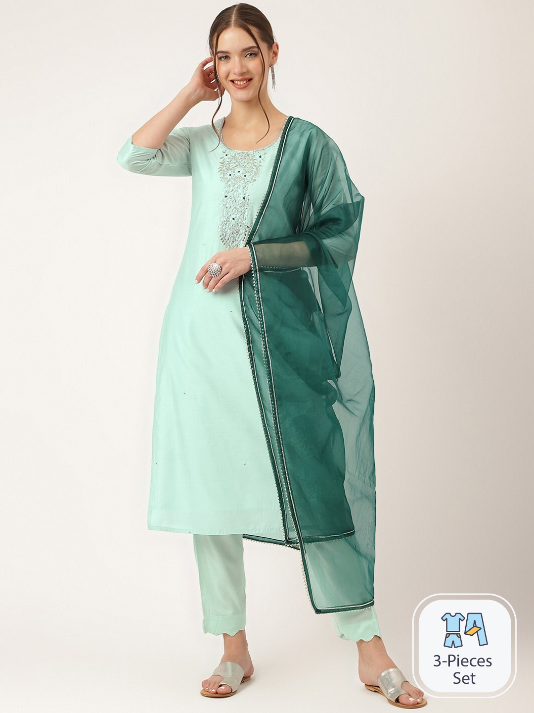 

Divena Floral Embroidered Regular Sequinned Chanderi Silk Kurta & Trousers With Dupatta, Green