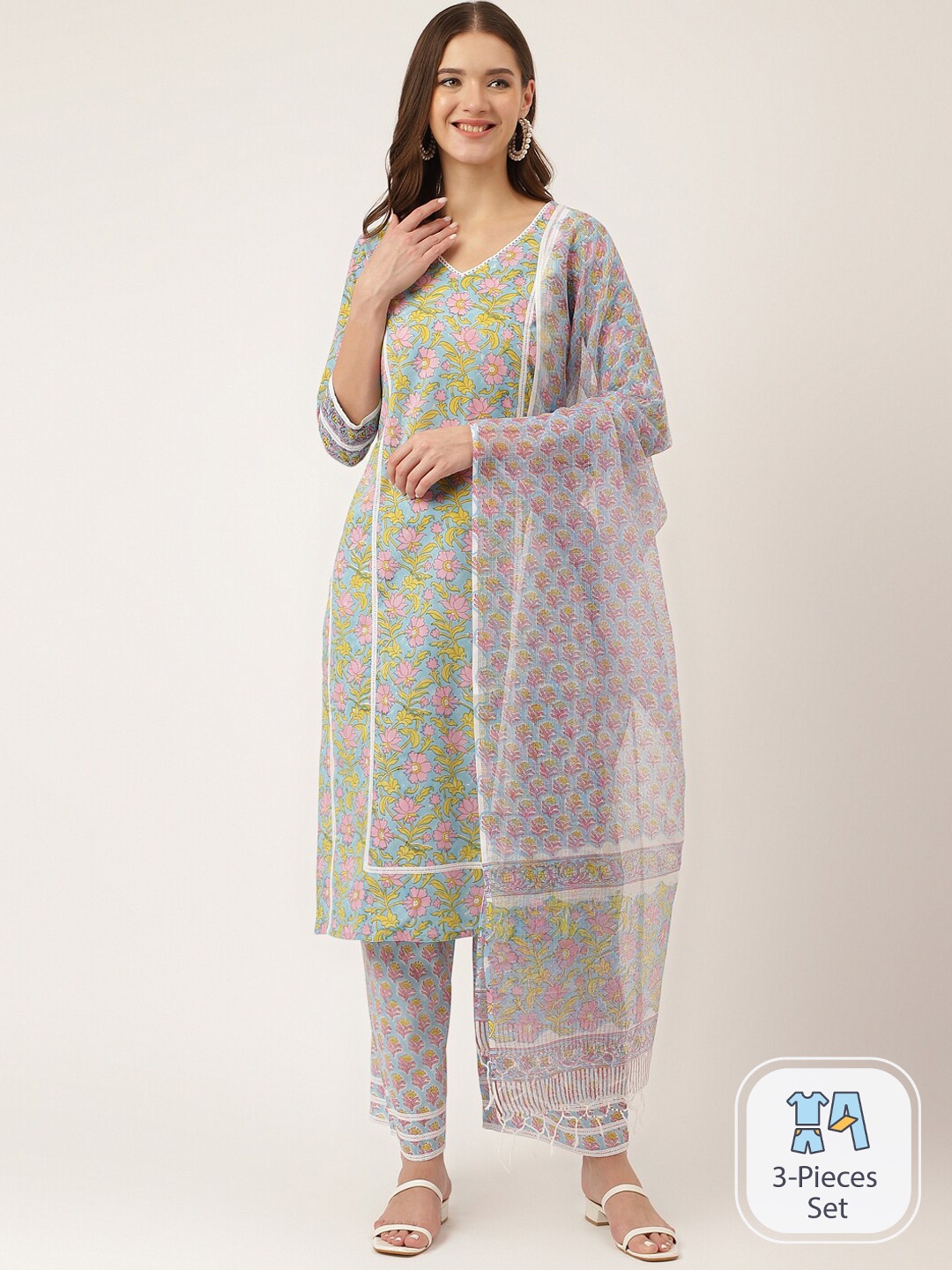 

Divena Floral Printed Straight Pure Cotton Kurta & Trousers With Dupatta, Blue
