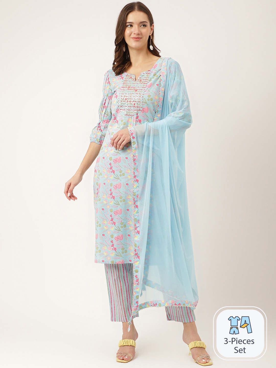

Divena Floral Printed Mirror Work Pure Cotton Straight Kurta &Trousers With Dupatta, Blue