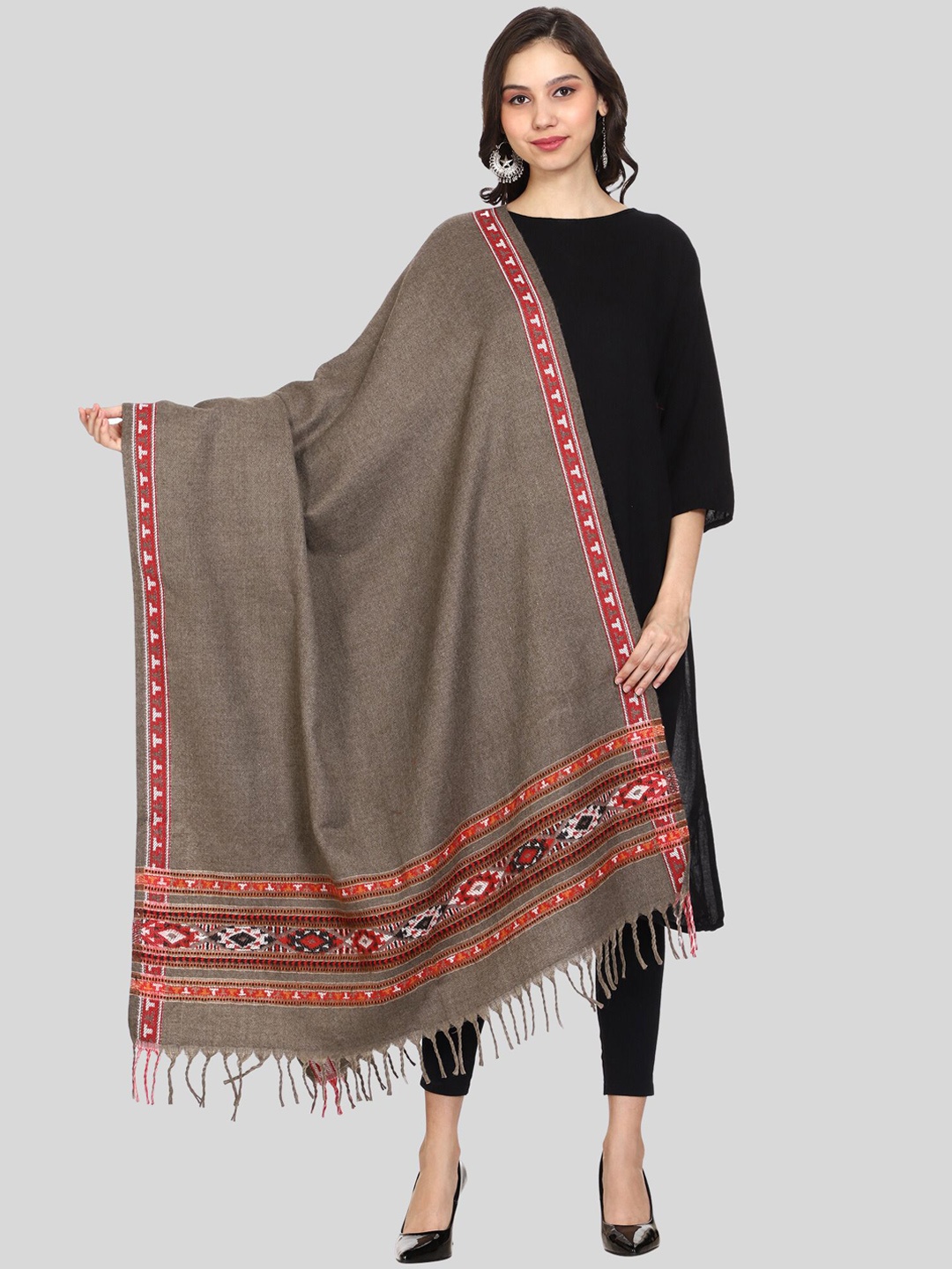 

SWI Stylish Ethnic Motifs Woven Design Wool Shawl, Brown