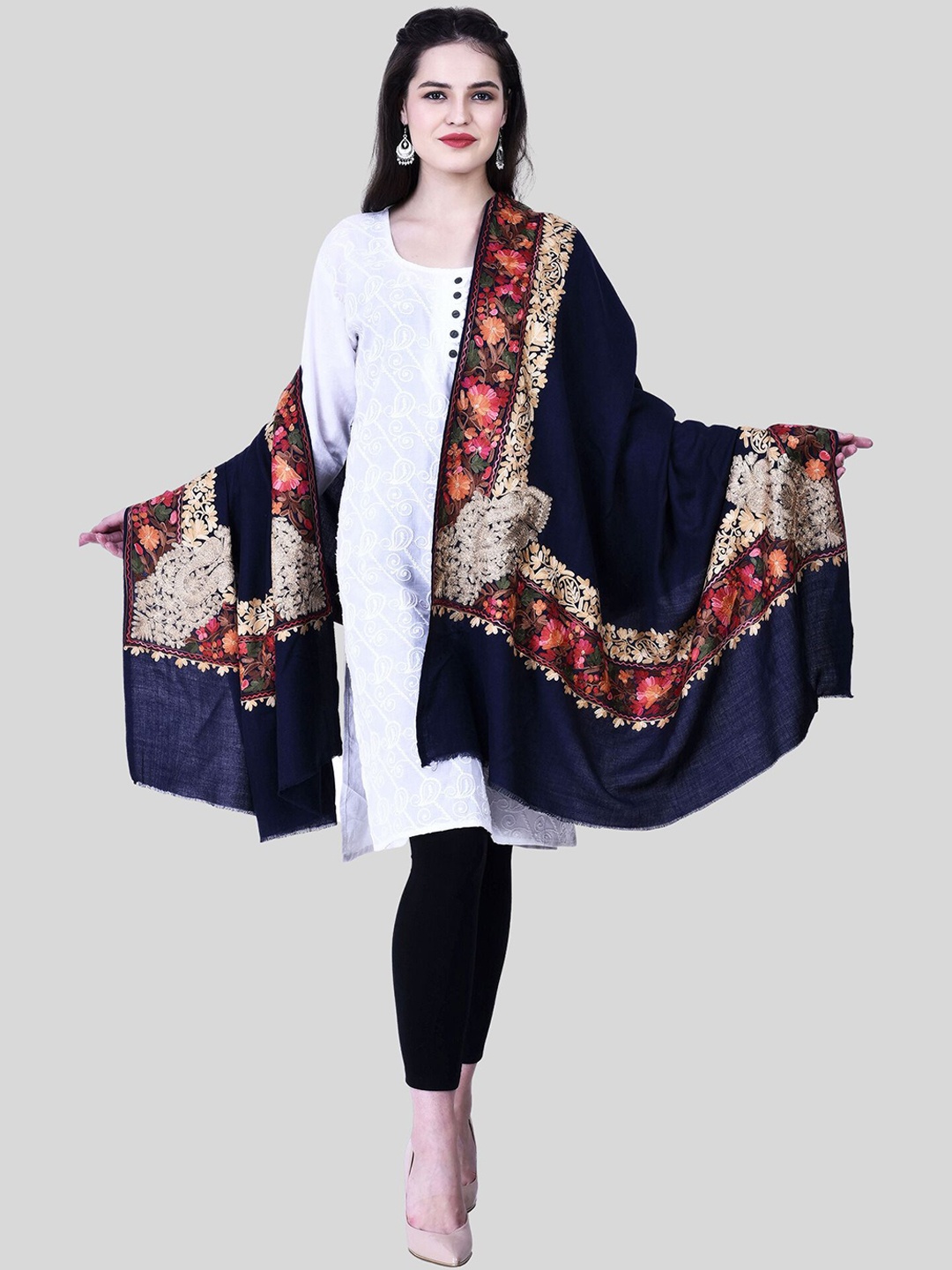 

SWI Stylish Women Aari Embroidered Wool Shawl, Navy blue