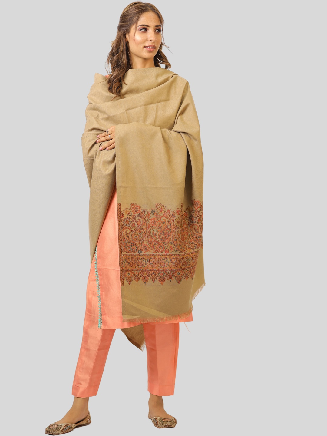 

SWI Stylish Ethnic Motifs Woven Design Wool Shawl, Beige