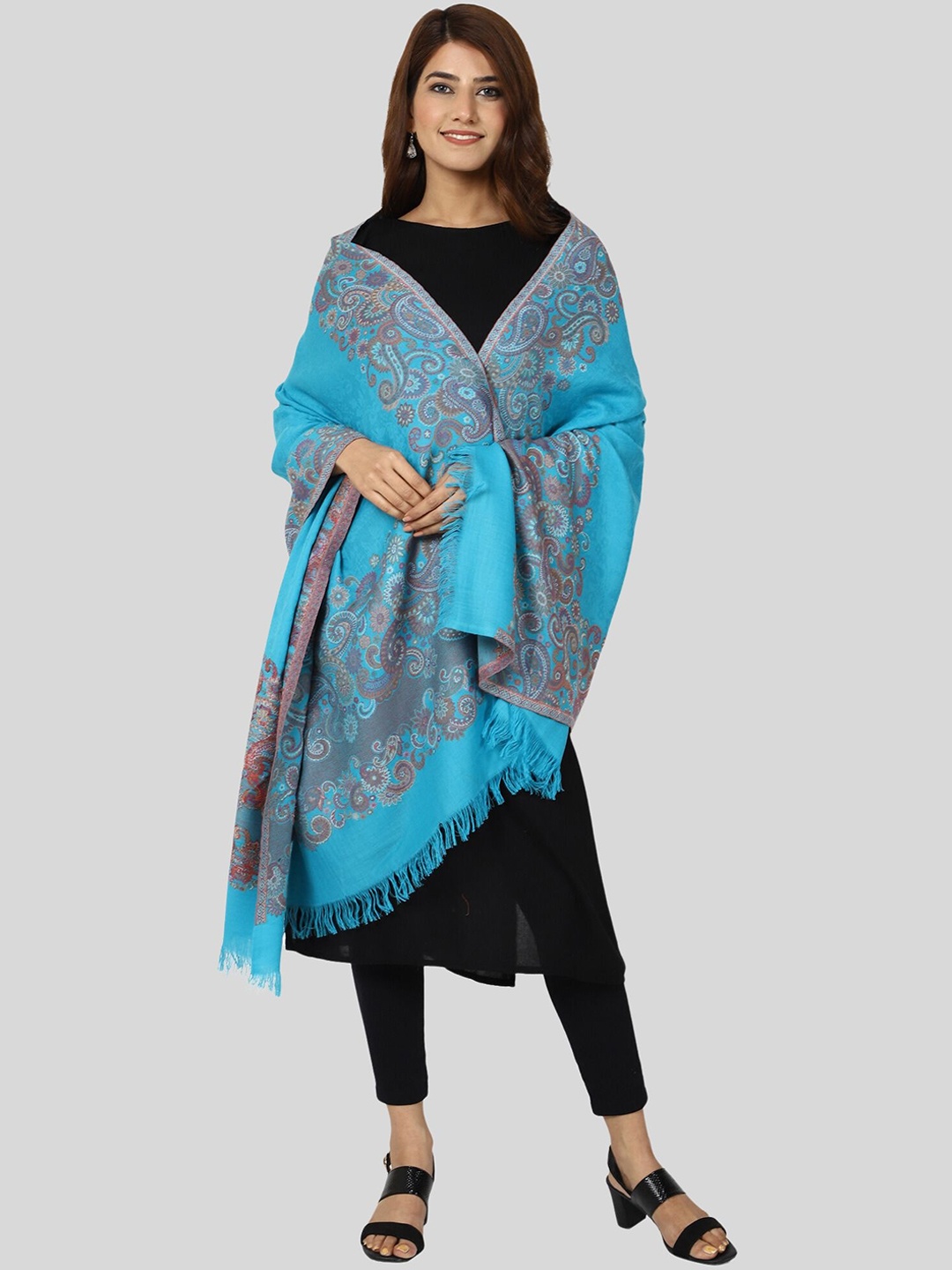 

SWI Stylish Women Woven Design Wool Shawl, Turquoise blue