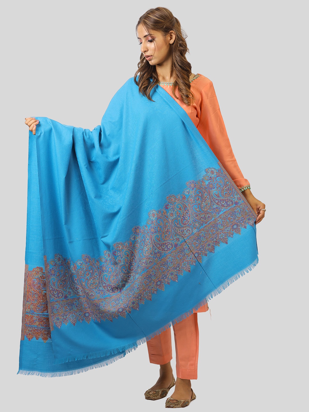 

SWI Stylish Ethnic Motifs Woven Design Wool Shawl, Turquoise blue