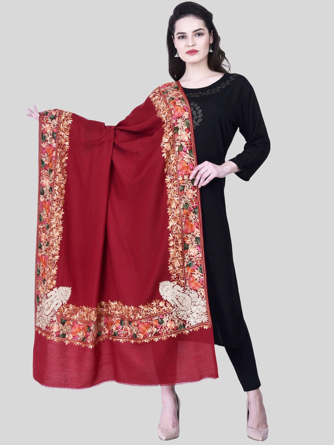 

SWI Stylish Aari Embroidered Wool Shawl, Maroon