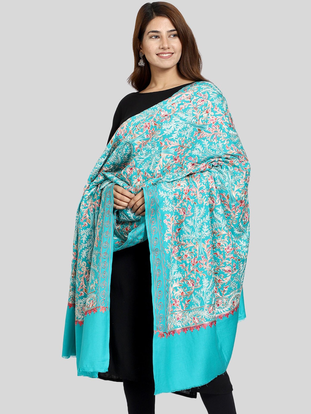

SWI Stylish Floral Embroidered Aari Wool Shawl, Turquoise blue