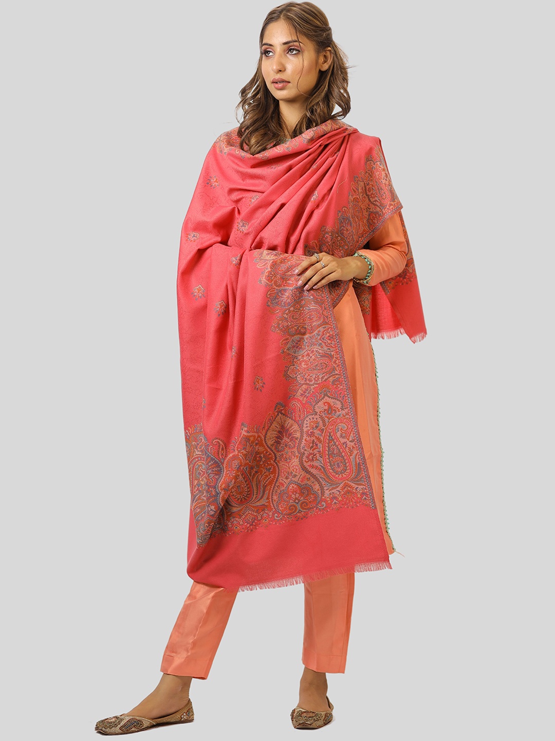 

SWI Stylish Ethnic Motifs Woven Design Wool Shawl, Pink