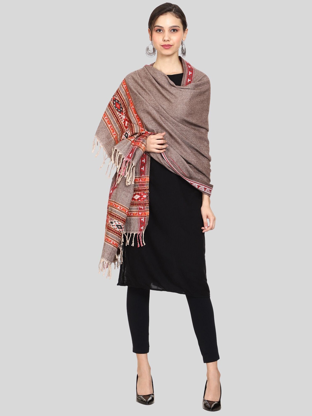 

SWI Stylish Ethnic Motifs Woven Design Wool Shawl, Brown