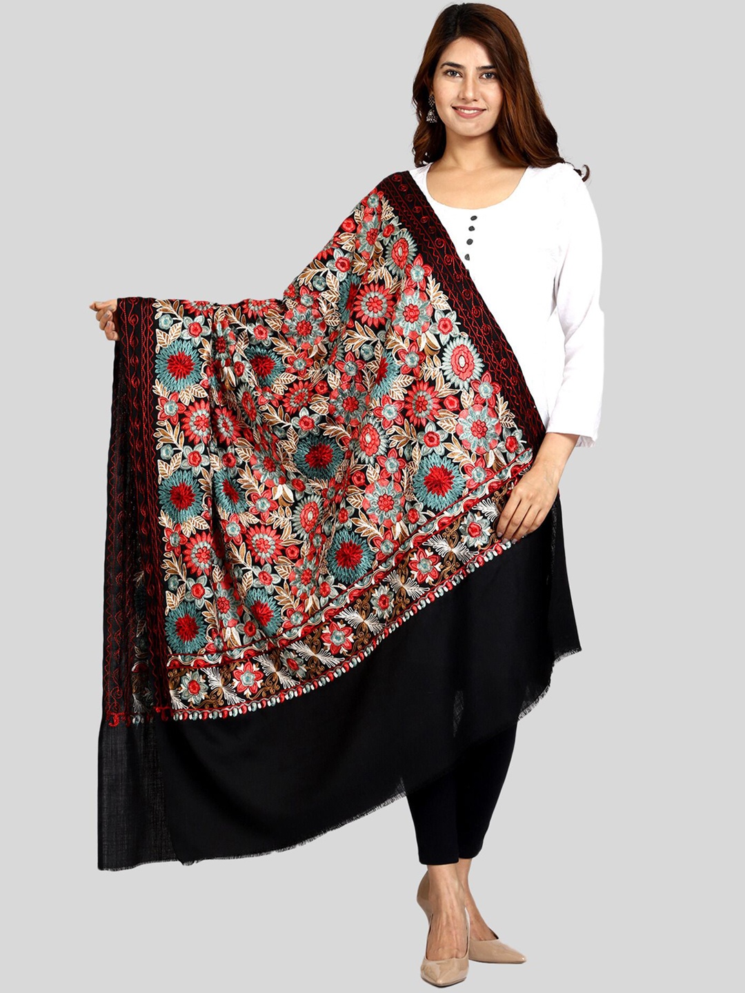 

SWI Stylish Floral Embroidered Wool Shawl, Black