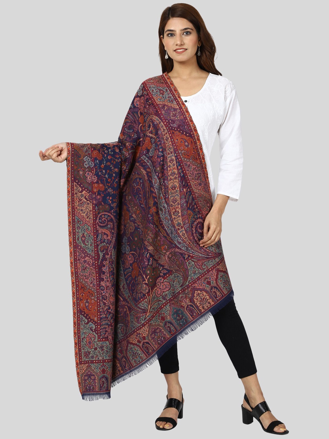 

SWI Stylish Ethnic Motifs Woven Design Kashmiri Kani Wool Shawl, Navy blue