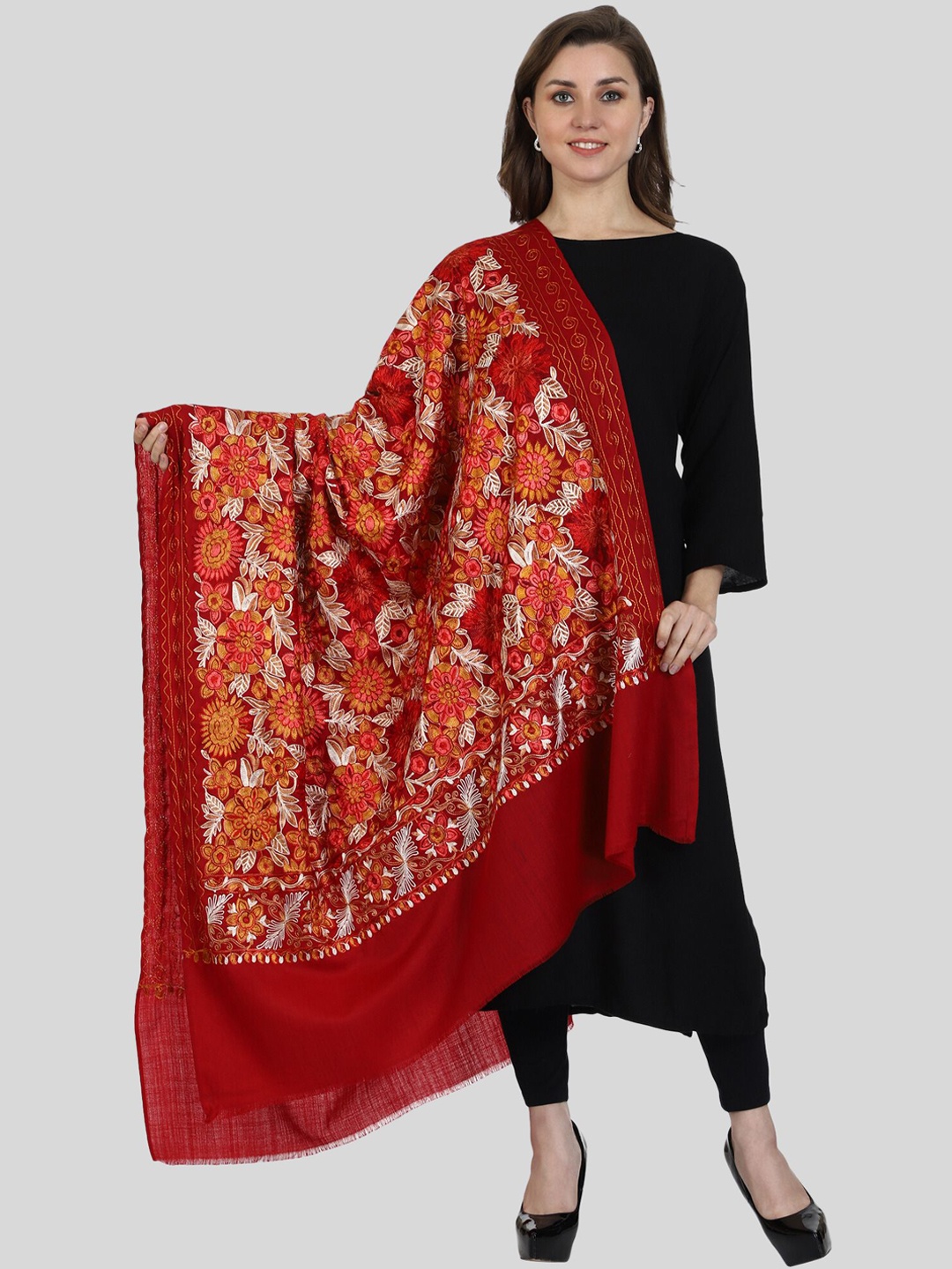 

SWI Stylish Women Embroidered Woolen Shawl, Maroon