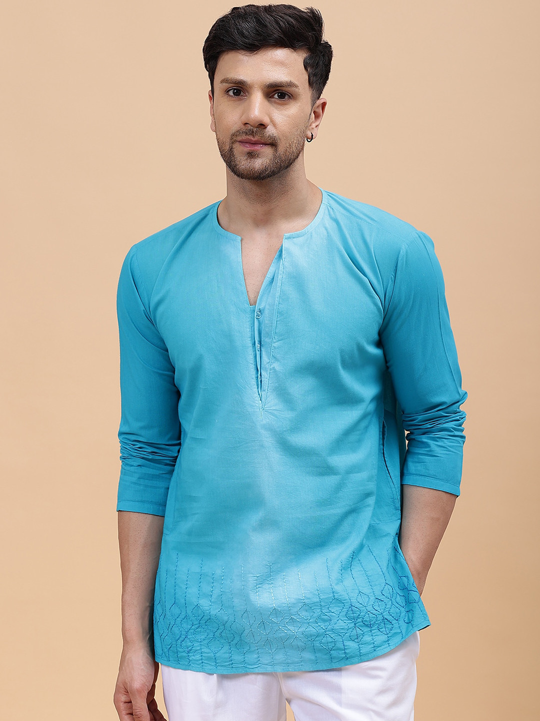

See Designs Geometric Embroidered Regular Pure Cotton Kurta, Blue