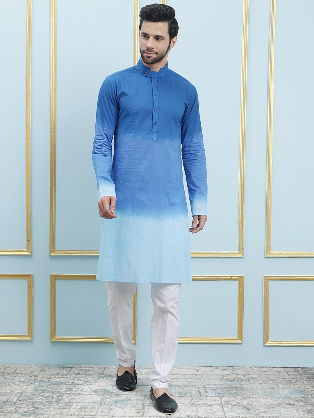 

See Designs Ombre Band Collar Pure Cotton Regular Kurta with Pyjamas, Blue
