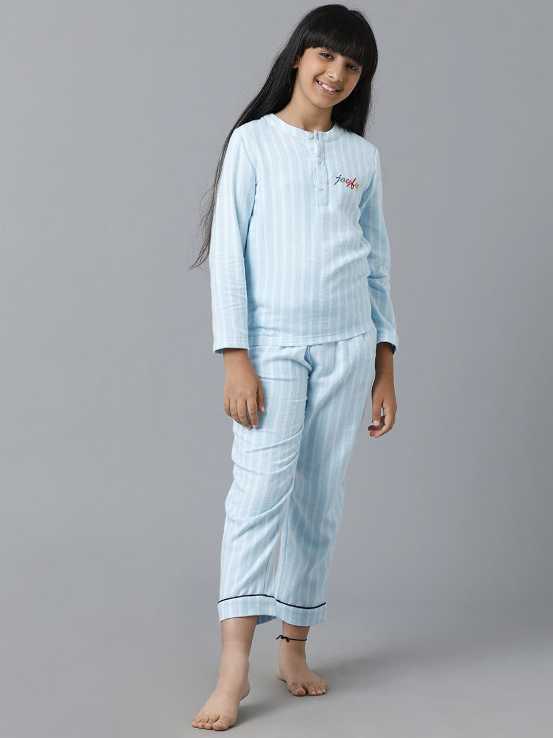 

UNDER FOURTEEN ONLY Girls Striped Pure Cotton Night suit, Blue