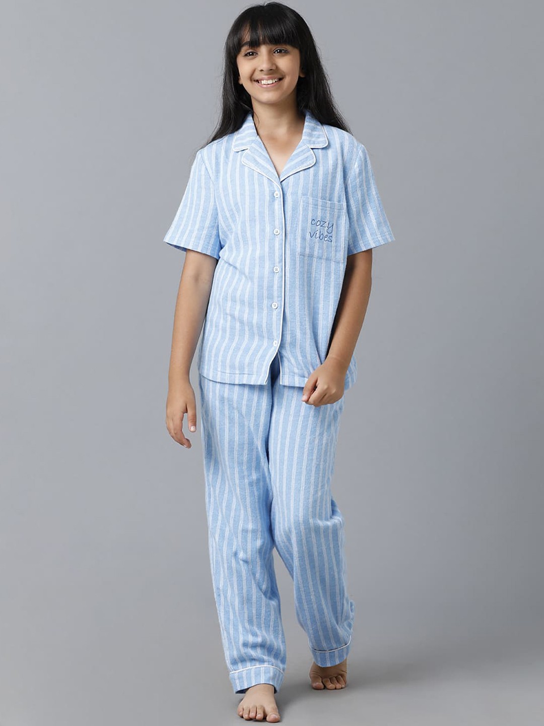 

UNDER FOURTEEN ONLY Girls Striped Night suit, Blue