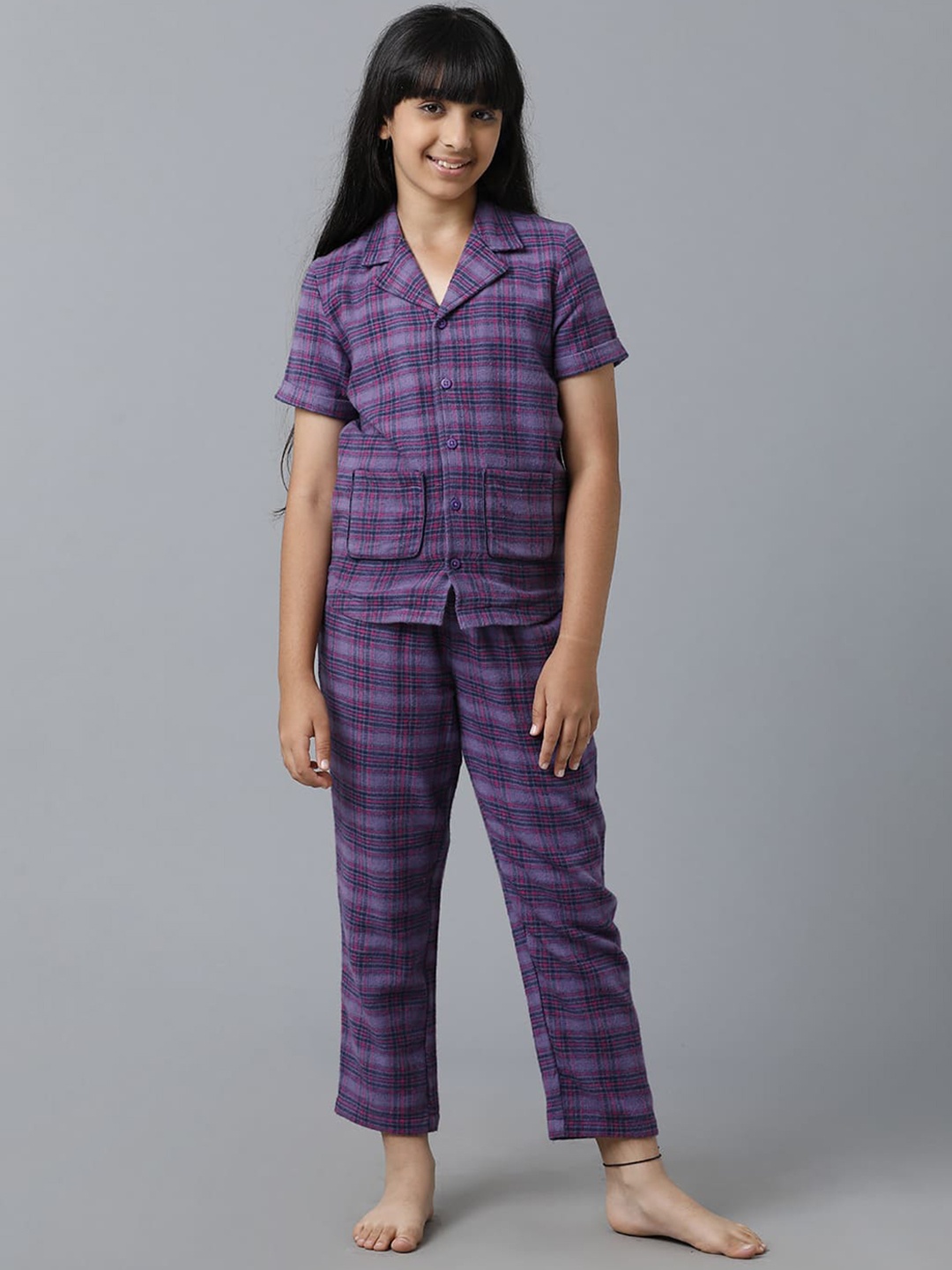 

UNDER FOURTEEN ONLY Girls Checked Pure Cotton Night Suit, Purple