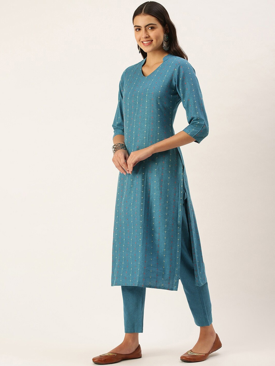 

KALINI Woven Design Mandarin Collar Straight Kurta with Trousers, Blue