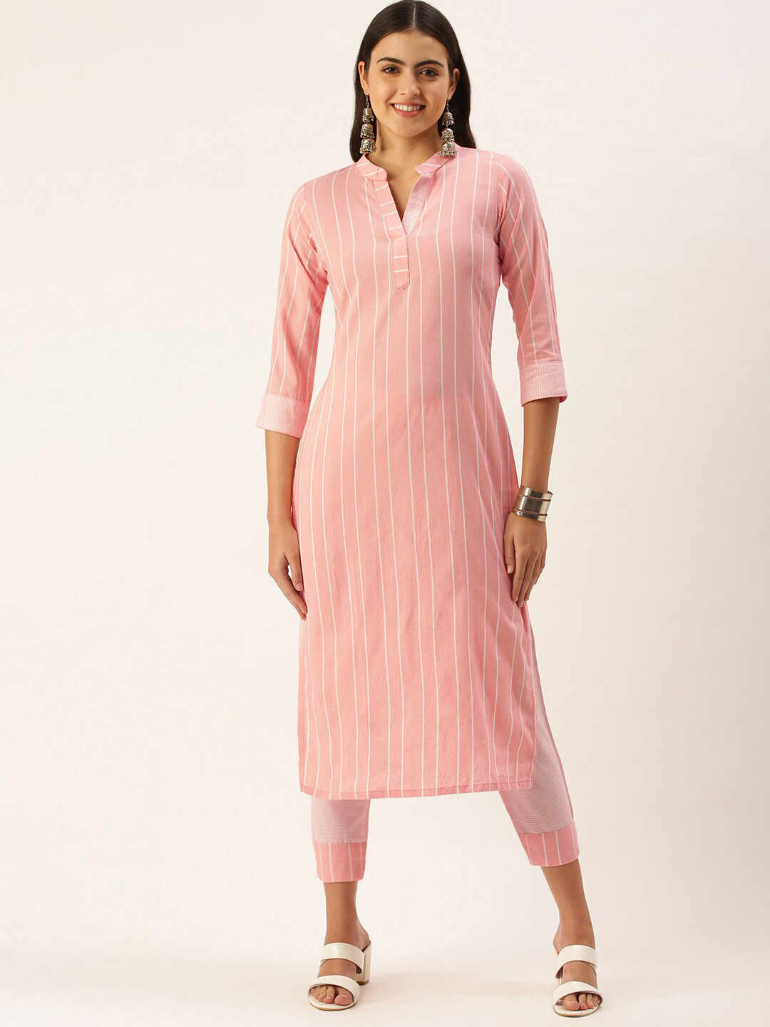 

KALINI Striped Mandarin Collar Regular Kurta with Trousers, Pink