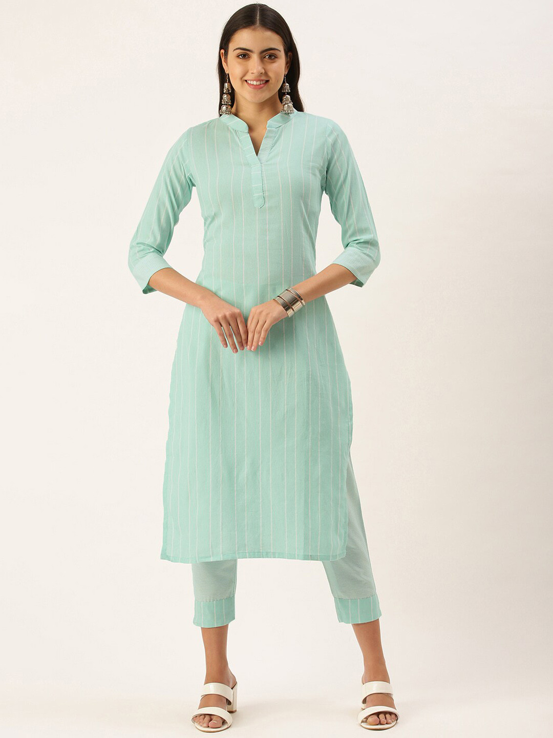 

KALINI Striped Mandarin Collar Regular Kurta with Trousers, Turquoise blue