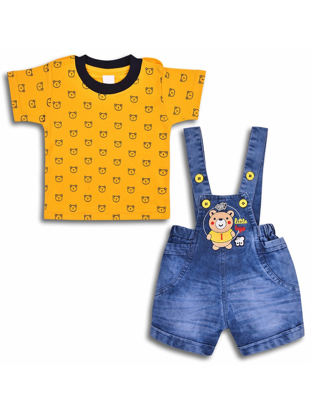 

Wish Karo Boys Printed Cotton T-shirt with Dungarees, Yellow