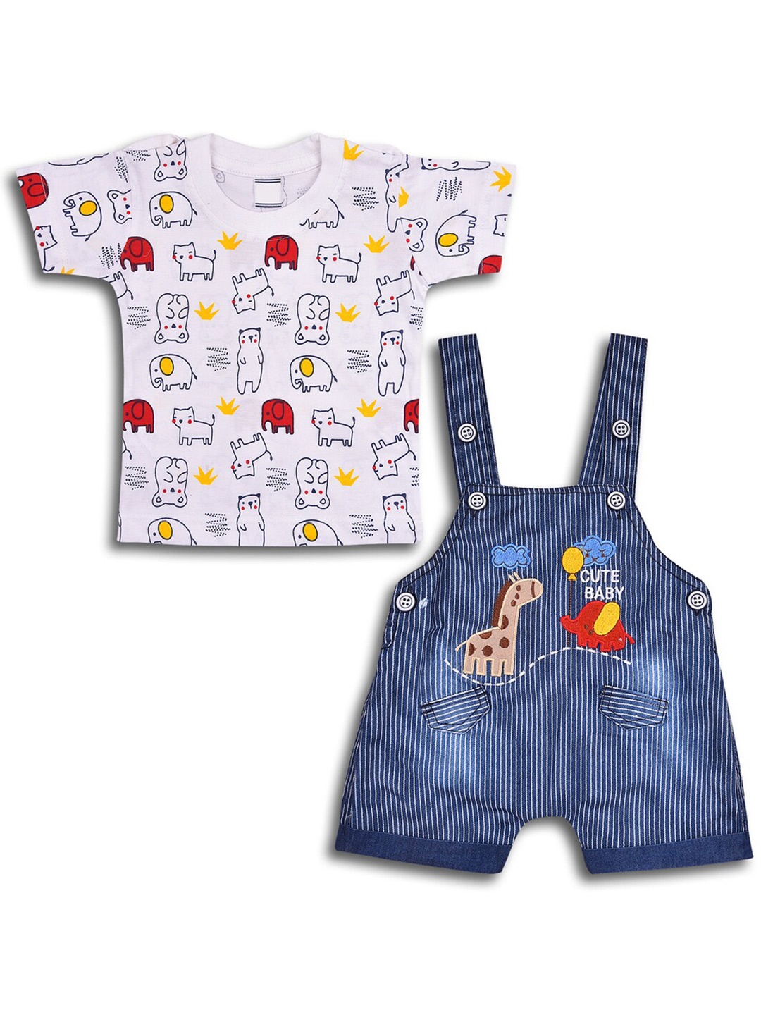 

Wish Karo Infants-Boys Striped Cotton T-shirt & Dungaree Set, White