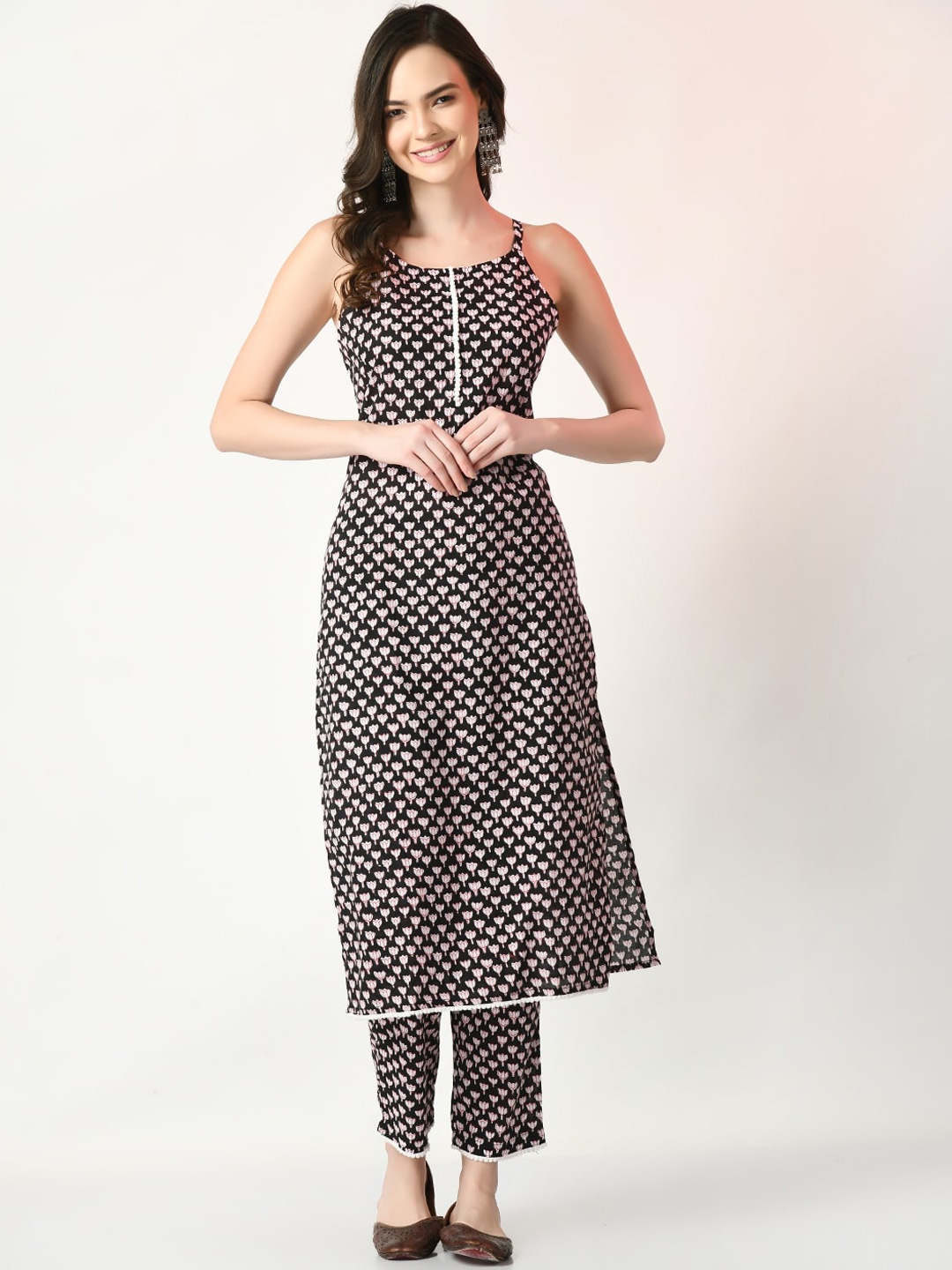 

Sangria Black Ethnic Motifs Printed Pure Cotton Straight Kurta With Trousers