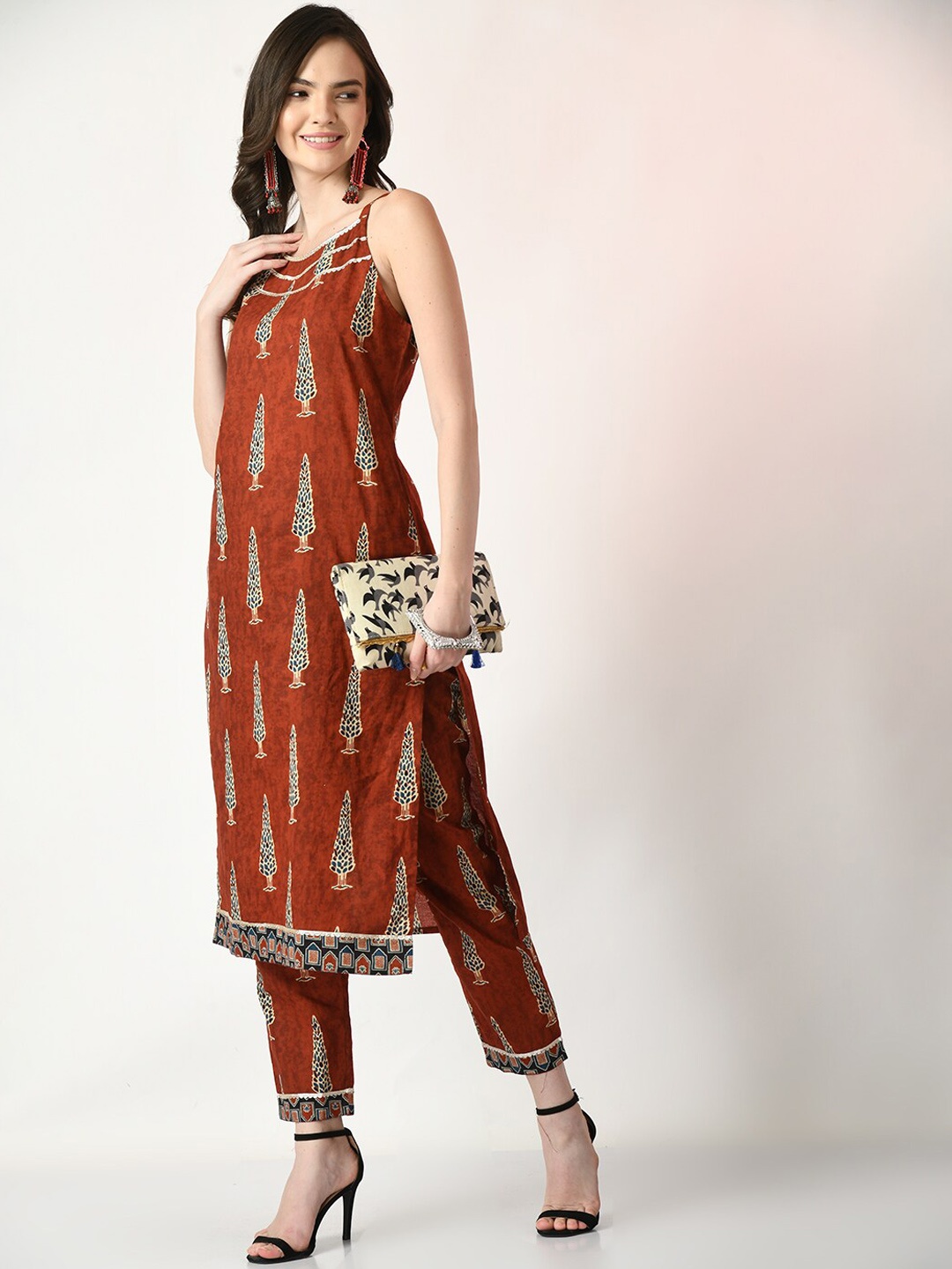 

Sangria Ethnic Motifs Printed Pure Cotton Straight Kurta With Trouser Set, Rust