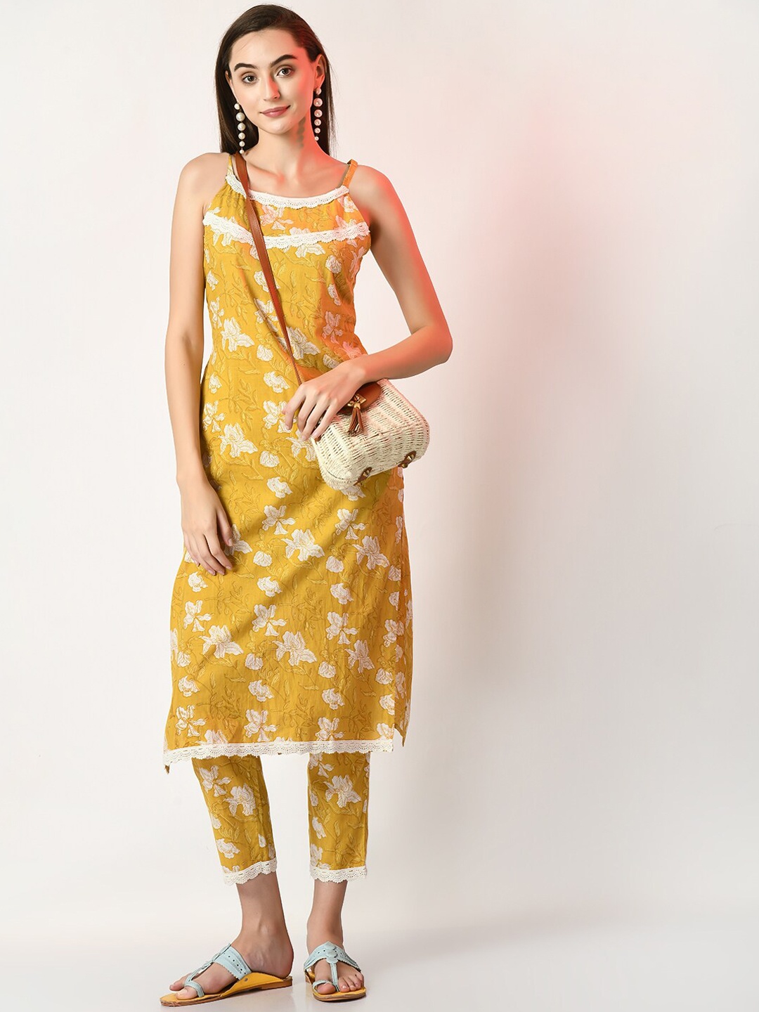 

Sangria Floral Printed Pure Cotton Straight Kurta With Trouser, Yellow
