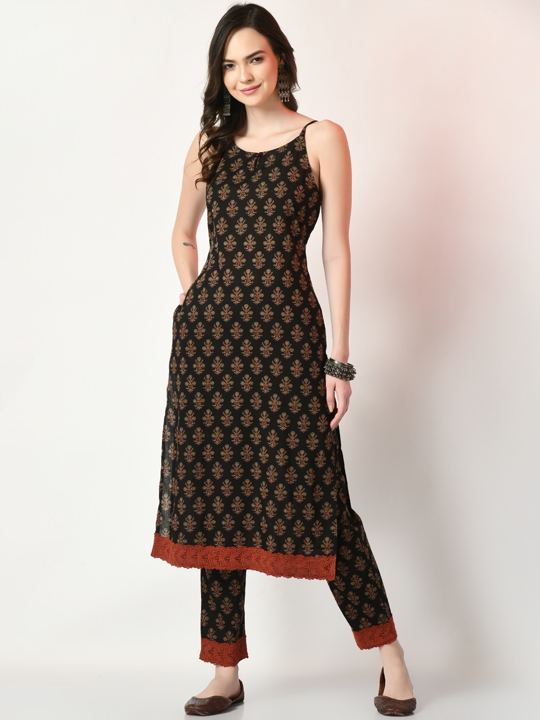 

Sangria Ethnic Motifs Printed Pure Cotton Straight Kurta With Trouser, Black