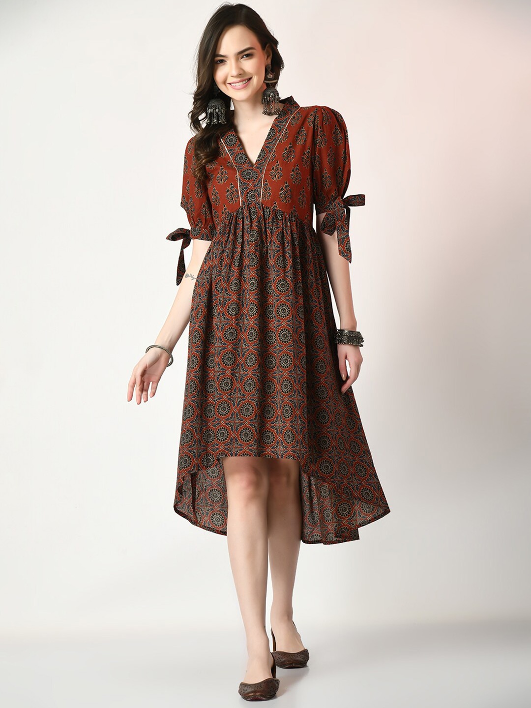 

Sangria Printed Cotton Fit & Flare Dress, Rust