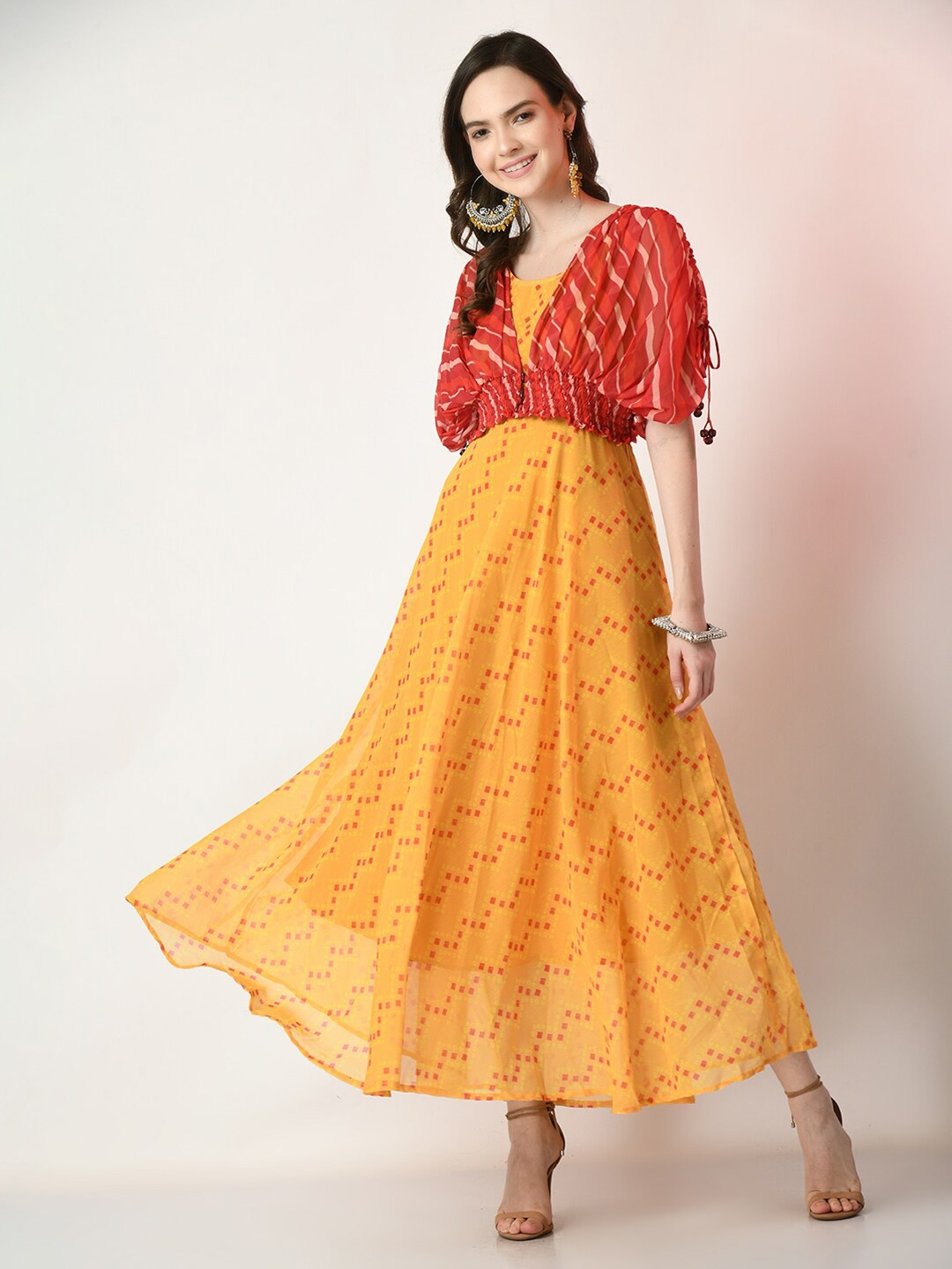 

Sangria Geometric Printed Shoulder Straps A-Line Ethnic Midi Dress, Yellow