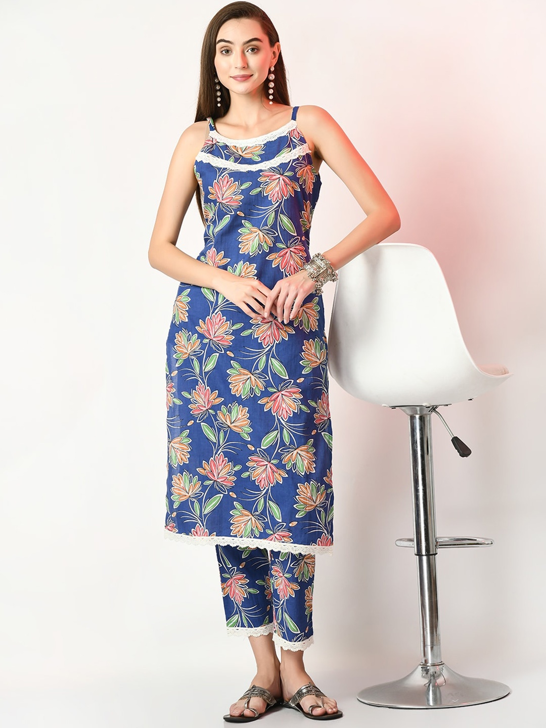 

Sangria Shoulder Strap Neck Floral Printed Pure Cotton Straight Kurta With Trouser Set, Blue