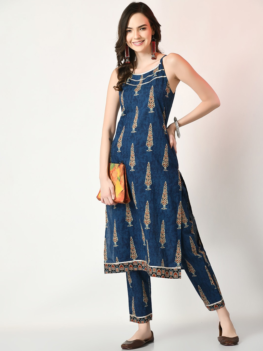 

Sangria Shoulder Strap Neck Ethnic Motif Printed Pure Cotton Kurta With Trouser Set, Blue