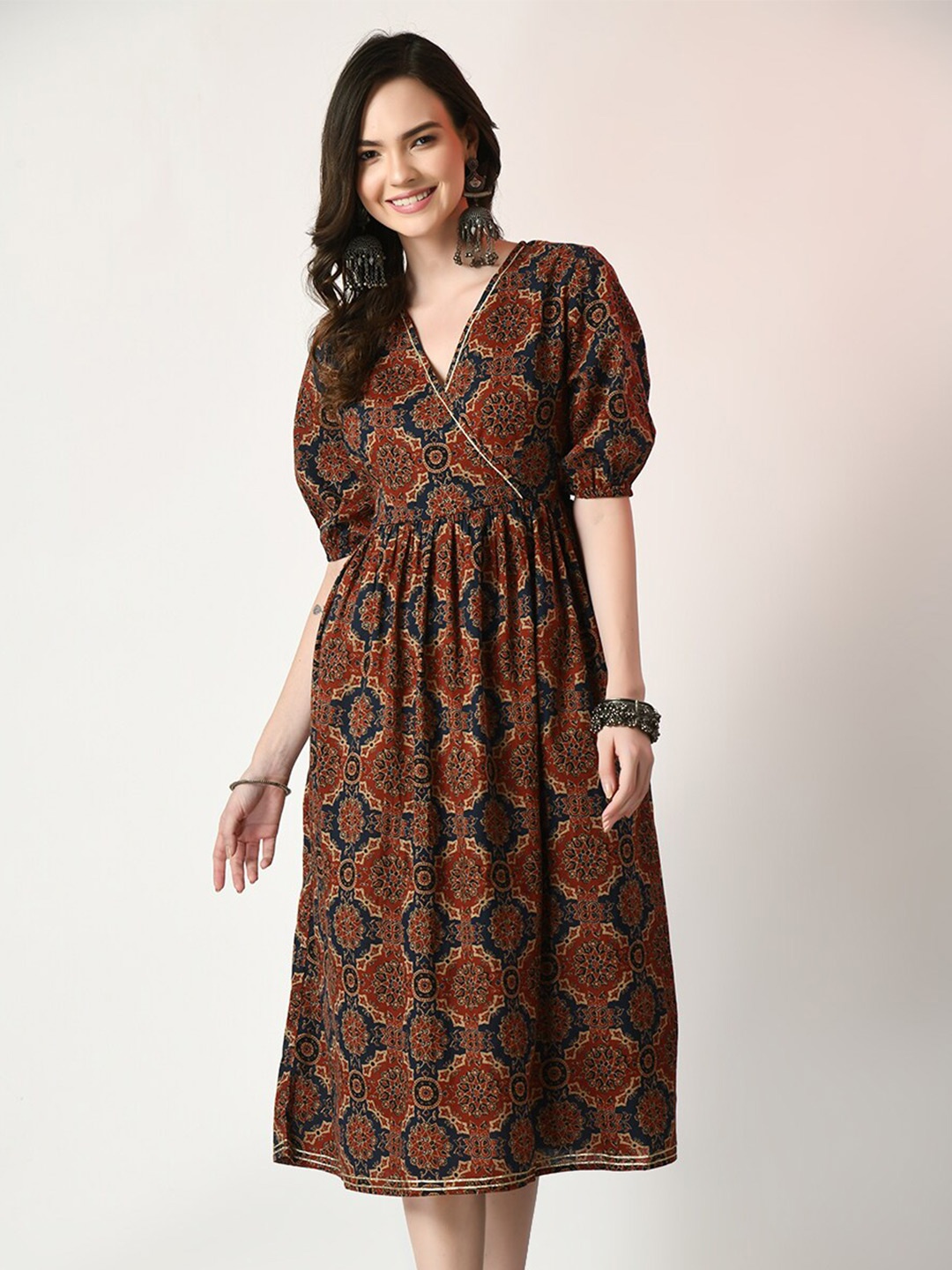 

Sangria Blue & Brown Ethnic Motifs Printed Cotton Fit & Flare Ethnic Dress