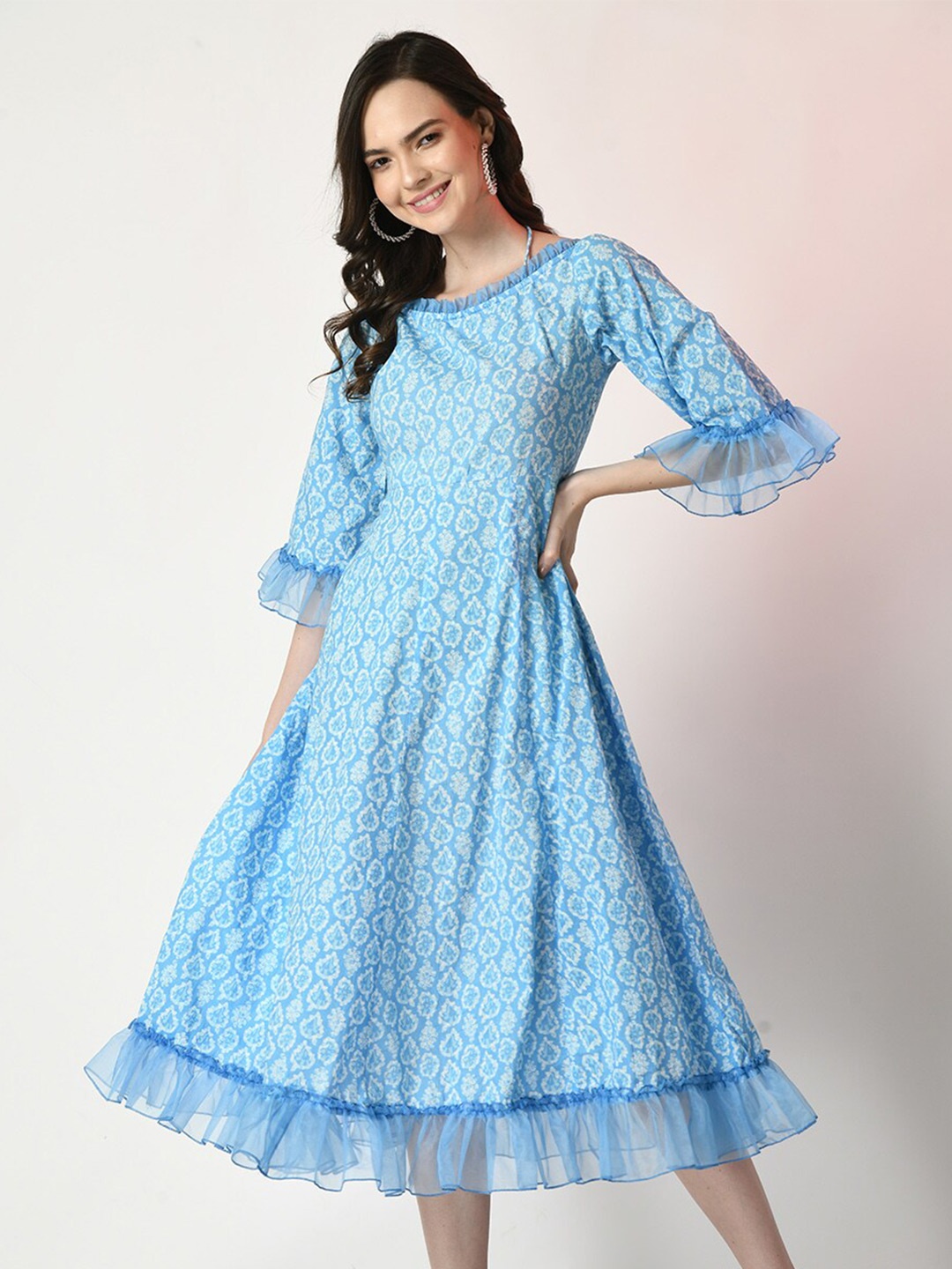 

Sangria Blue Ethnic Motifs Printed Ruffles Detailed Cotton A-Line Dress