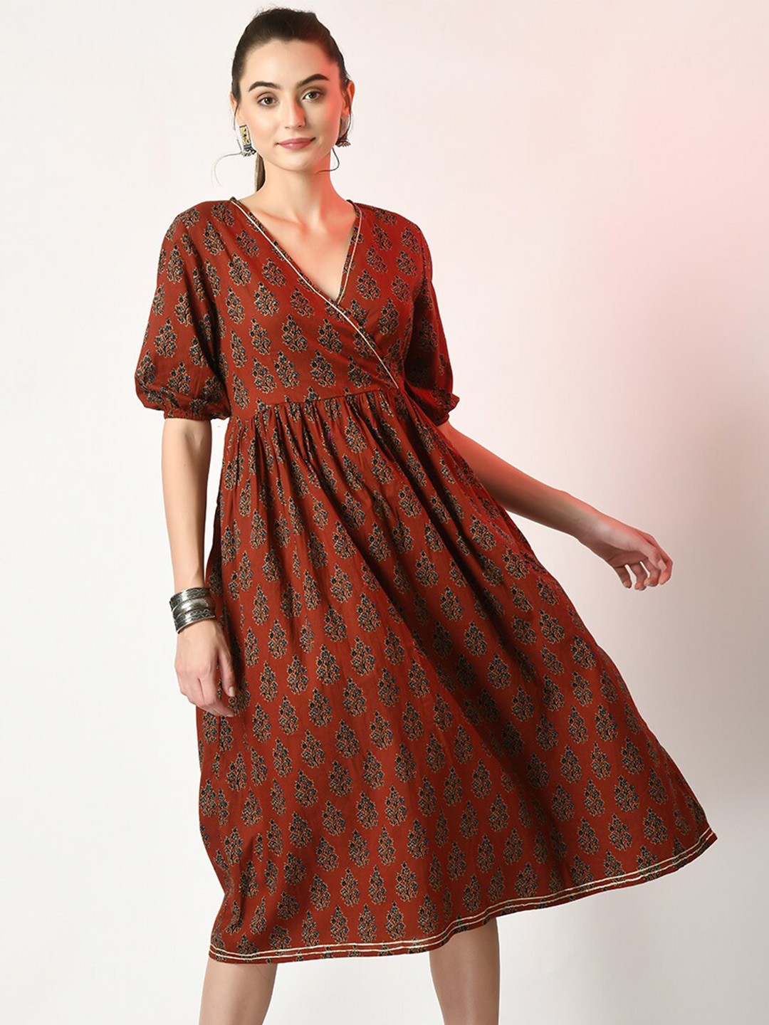 

Sangria Rust & Blue Ethnic Motifs Printed V-Neck Puff Sleeves Cotton Ethnic Dress