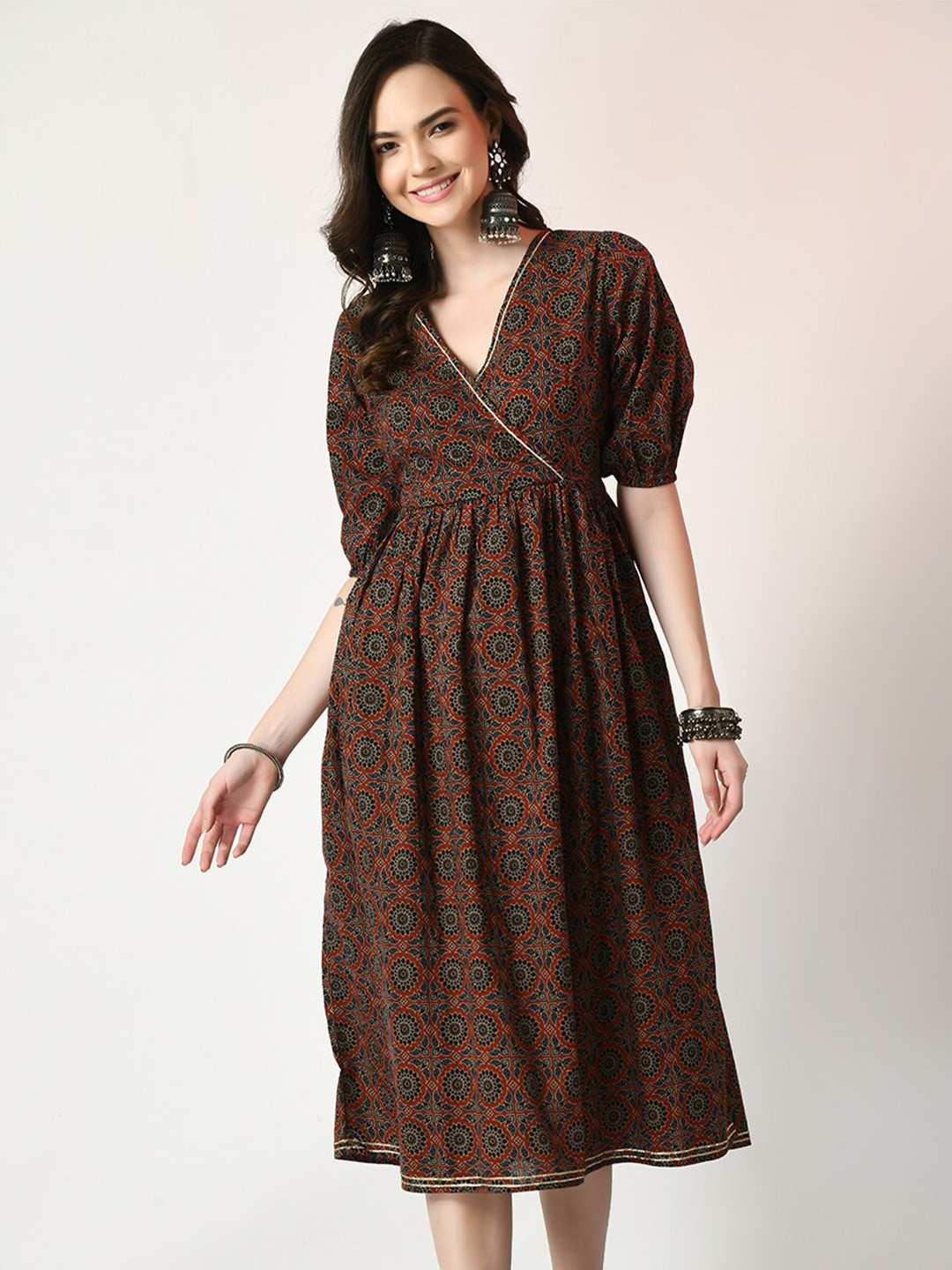 

Sangria Brown Ethnic Motifs Printed Cotton Wrap Ethnic Dress