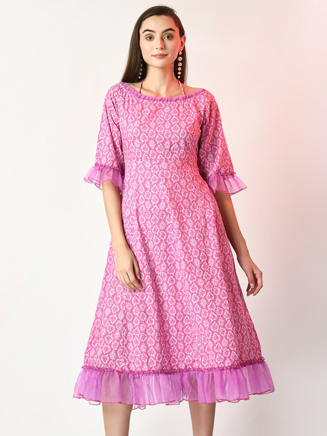 

Sangria Boat Neck Ethnic Motif Printed Bell Sleeve Flounce Hem Cotton Fit & Flare Dress, Pink