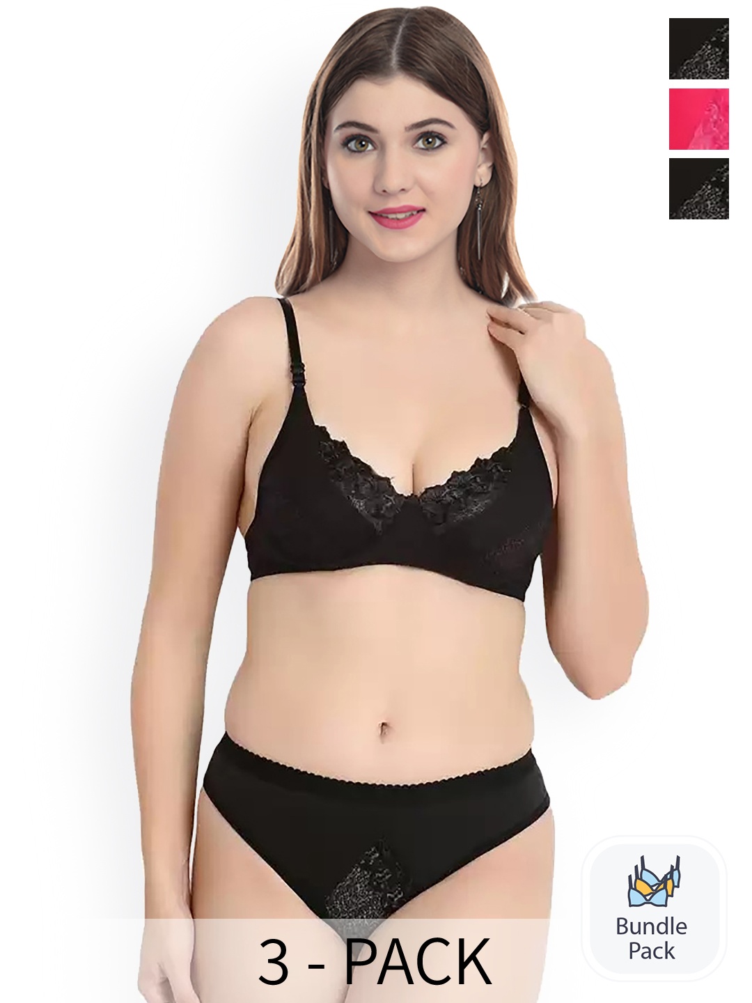 

AROUSY Pack Of 3 Self-Design Cotton Lingerie Set Y_Mia Set_Red,Black,Black_30